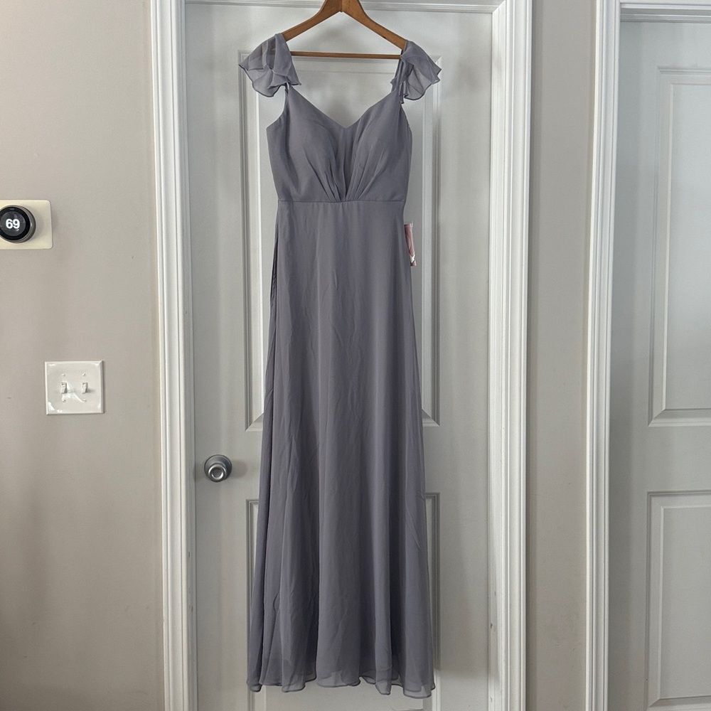 NWT Birdy Grey Silver Kae Chiffon Full Length Flutter Sleeve - Picture 4 of 8
